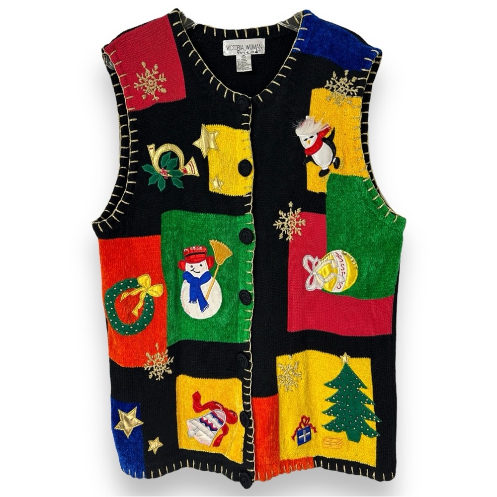 Vintage Patchwork Style Knit Christmas Cardigan Sweater Vest - Women's Size 1X